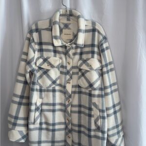 Thread & Supply Cream and Gray Plaid Teddy Jacket